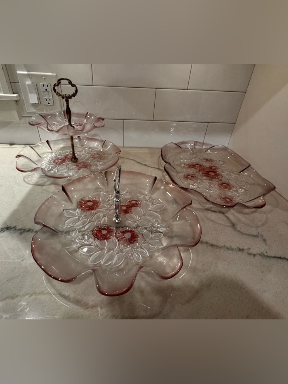 Pink Glass Floral Serving Tray Set